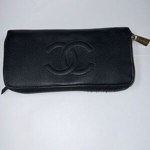 Chanel Classic Black Caviar Leather Long Clutch Zip Around Wallet